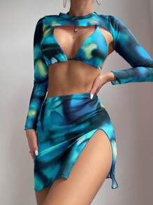 Slaydiva 女士印花简约修身比基尼上衣和下装泳装套装，适合夏季海滩度假 - 彩色 - 查看 7