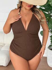 SHEIN CURVE+ Plus Size Women's Summer Swimsuit, Special Fabric Slimming Ruched Halter Neck One-Piece Swimsuit With Gold Metallic Trim - Coffee Brown - View 4