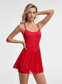 Lifespree Women's Solid Color Racerback Strap Sports Dress With Shorts Tennis Skirt - Red - View 6
