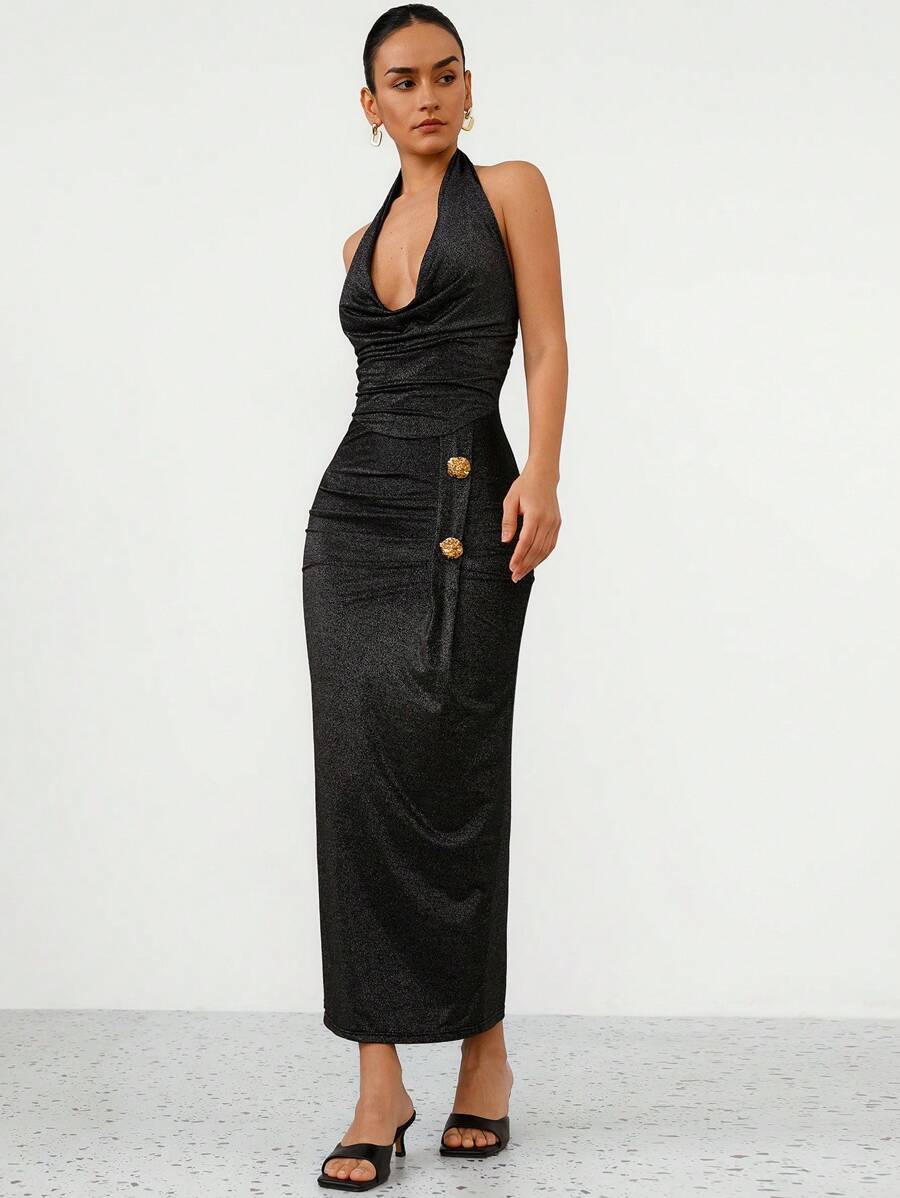 SHEIN Privé Elegant Vintage Sexy Open Back Sleeveless Ruffle Waist Bodycon Asymmetric Metal Buckle Silver Shimmer Knit Dress For Women - Black - View 1