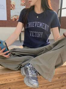 DAZY Women's Short Sleeve Letter Print Fitted Cropped T-Shirt - Navy Blue - View 2