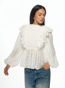 MISSGUIDED Blusa con ricamo inglese, maniche a sbuffo stile vittoriano, balze con occhielli, elegante camicetta romantica primaverile-estiva, ispirata al vintage boho, stile cottagecore - Bianco - Visualizzare 1