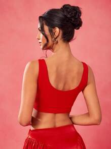 Charllene Santos Designer Red Solid Sleeveless With Wide Straps Square And Deep Neck Crop Top, Festival - Red - View 5