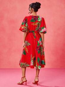 EBIB 设计师波西米亚风波西米亚红色热带印花泡泡袖深 V 腰系带中长连衣裙、节日、音乐会服装、狂欢、舞会礼服