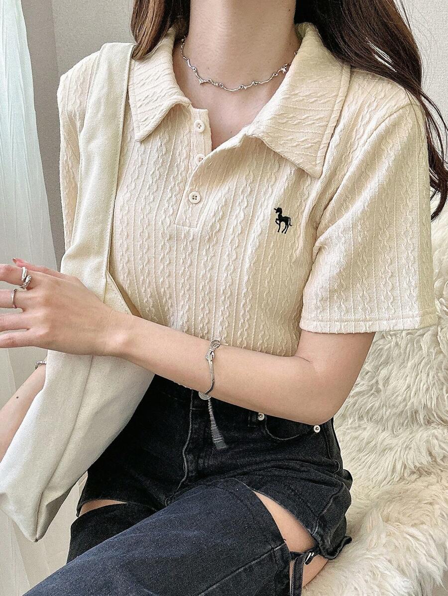 FRIFUL Women's Apricot Basic Polo Collar Embroidery T-Shirt, Turndown Collar Short Sleeve, Summer Preppy Tops - Apricot - View 1