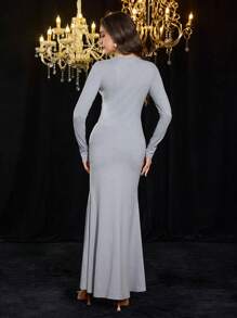 Modelyn Women V-Neck Long Sleeve Butterfly Decor Minimalist Long Dress