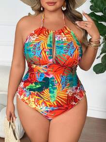 SHEIN CURVE+ Plus Size Women's Tropical Floral Print One-Piece Swimsuit, Fashion One-Piece Bathing Suit For Summer - Multicolor - View 5