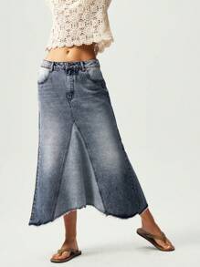 Bohemela Boho Cowgirl Solid-Color Woven Denim Wash Asymmetric Hem Women Skirt - Blue - View 5