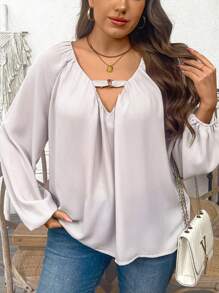 Flirla Plus Size Casual Romantic Solid Deep V Ruched Loose Short Sleeve Shirt - Dusty Purple - View 1