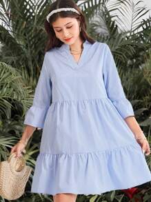 SHEIN Leap Crew Teen Girls Striped A-Line Dress, Blue&White, Holiday/Beach/Casual - Blue and White - View 4