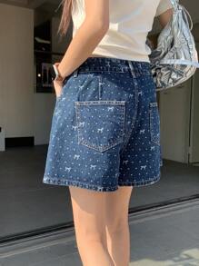 DAZY 女士水洗蝴蝶结休闲牛仔短裤亮片短裤 - 藍色 - 查看 2