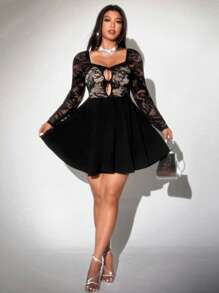 Viva Relle Plus Size Knitted Lace Sexy Tie-Up Ruffles Floral Print Dress - Black - View 3