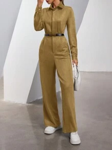 Aveloria Modichic Minimalist Chic High-End Commute Lapel Hidden Placket Waisted Women's Suede Jumpsuit  Fall Cloth For Women - Yellow - View 6