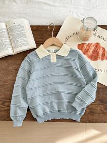 Blossori Young Boys Polka Dot & Striped Loose Knit Polo Sweater, Autumn/Winter - Multicolor - View 4