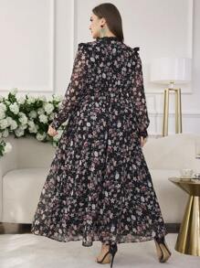 Modelyn Damen V-Ausschnitt Volant besetztes Blüten Langarm Kleid, elegant, schlankend, Große Größen - Verschiedenfarbig - Übersicht 2