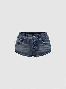 ROMWE Avant Vintage Millennium Punk High Waist Super Short Embroidered Pistol Women Super Low Waist Denim Shorts