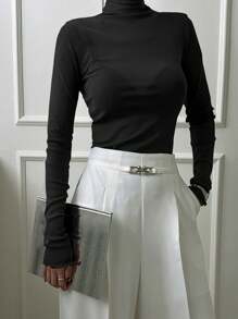 DAZY Áo thun ôm sát cổ bẻ phối ren màu trơn cho nữ, màu nâu cà phê, mặc được 4 mùa, quần áo thu tay dài cổ lọ cho nữ - màu đen - Xem 5