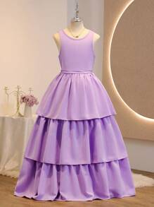 SHEIN Tween Girl Elegant Solid Color Backless Bow Decor Dress Casual Style