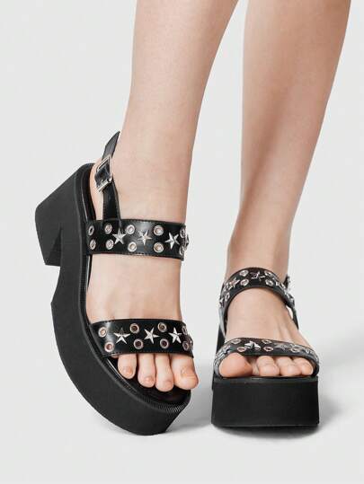 Grunge Punk Women's Multiple Strap Buckle Design Round Toe Platform Wedge Heel Punk Style PU Leather Black Roman Sandals, Suitable For Graduation, Photo Shoots, And Professional Occasions