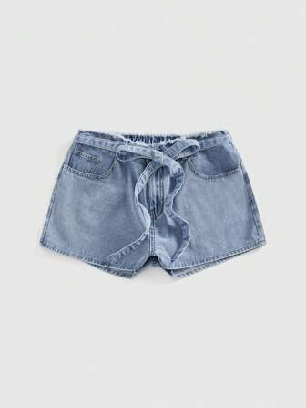 Große Größen Blaue Jeans Shorts mit Fransen an der Taille, Schleife Knotengürtel