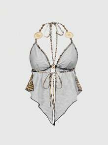 ROMWE Hippie Y2K Hippie Leopard Print Gold Foil Inverted Triangle Hem Crop Top