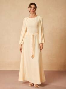 Oxana Designer weißes elegantes langes Ärmeln Knoten A-Linien Rundhals Maxikleid, Festival Outfits, Hochzeitssaison, für Frauen, Konzert, Elegant, Urlaub, Business Lässig, Minimalismus, Abiballkleid