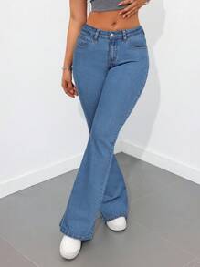 SHEIN Tall High Waist Denim Flared Pants, Minimalist Fashion Casual Daily Wear - Medium Wash - View 6