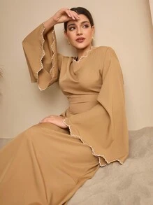 Graceveil Women's Embroidered Bell Sleeve Modest Elegant Wrap Waist Arabic Style Dress
