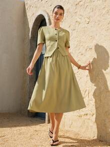 Aveloria EMERY ROSE Women 2 Pieces Set - Loose Fit Round Neck Puff Sleeve Top + High-Waist A-Line Midi Skirt, Commuting Chic Style Old Money Style For Summer - Green - View 1