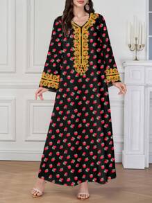 Al Najma 女式 V 领长袖草莓印花休闲简约阿拉伯连衣裙 - 黑色 - 查看 1