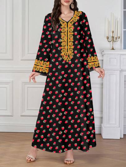 Al Najma 女式 V 领长袖草莓印花休闲简约阿拉伯连衣裙