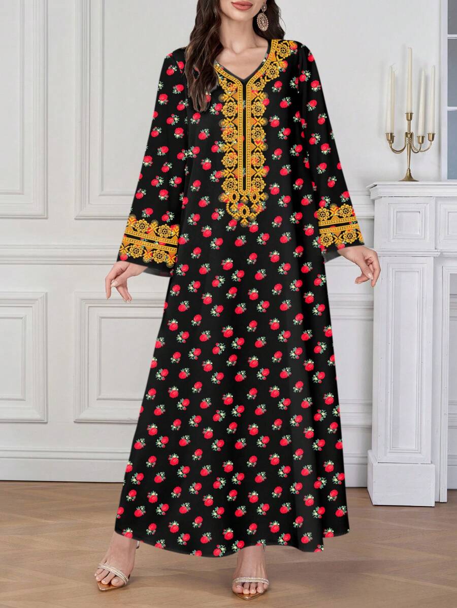 Al Najma 女式 V 领长袖草莓印花休闲简约阿拉伯连衣裙 - 黑色 - 查看 1