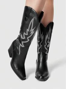 ROMWE Fairycore 女式不对称亮片刺绣西部牛仔靴，真皮中筒靴，适合春秋季节