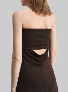 Ontre 2 peças/Conjunto Top Bandô Drapeado Cáqui e Saia Godê Elegante, Vestido de Primavera para Mulheres, Conjunto com Duas Peças de Roupa de Verão para Mulheres, Conjunto de Descanso - Castanho - Visão 2