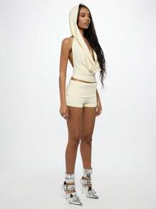 SUMWON WOMEN Hooded Cowl Neck Sleeveless Cropped Summer Top Draped Design Festival Style Streetwear Fashion Bohemian Beachwear - Apricot - View 4