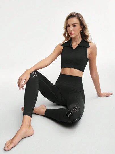 Lifespree Women's Solid Color Cropped Camisole & Leggings Sports Suit