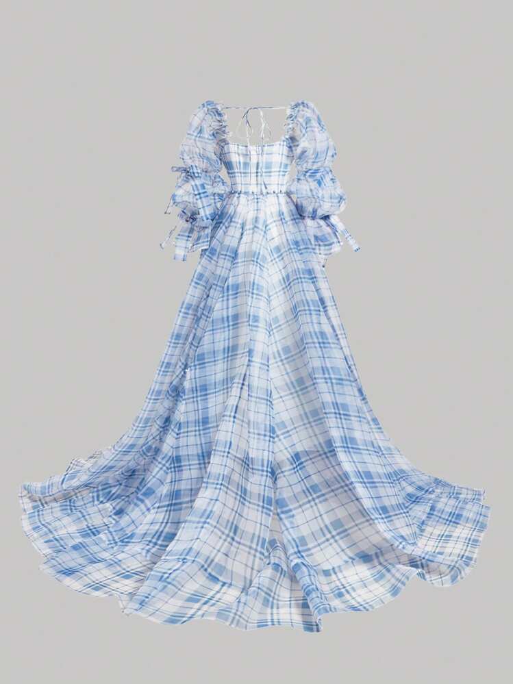 SHEIN MOD Women's Blue And White Plaid Square Neck Lotus Leaf Sleeve  Elegant Dress,Bow,Valentine Day Outfit,Summer Beach,Autumn,Garden Party  Wedding Guest Dress | SHEIN USA