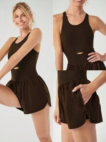 SHEIN GLOWMODE X Marika Sila 2.5 英寸 FeatherFit™ 无袖二合一海豚下摆高性能运动连体裤低冲击瑜伽工作室黑色连体裤夏季连体裤女士连体裤 - 肉桂靈感 - 查看 9