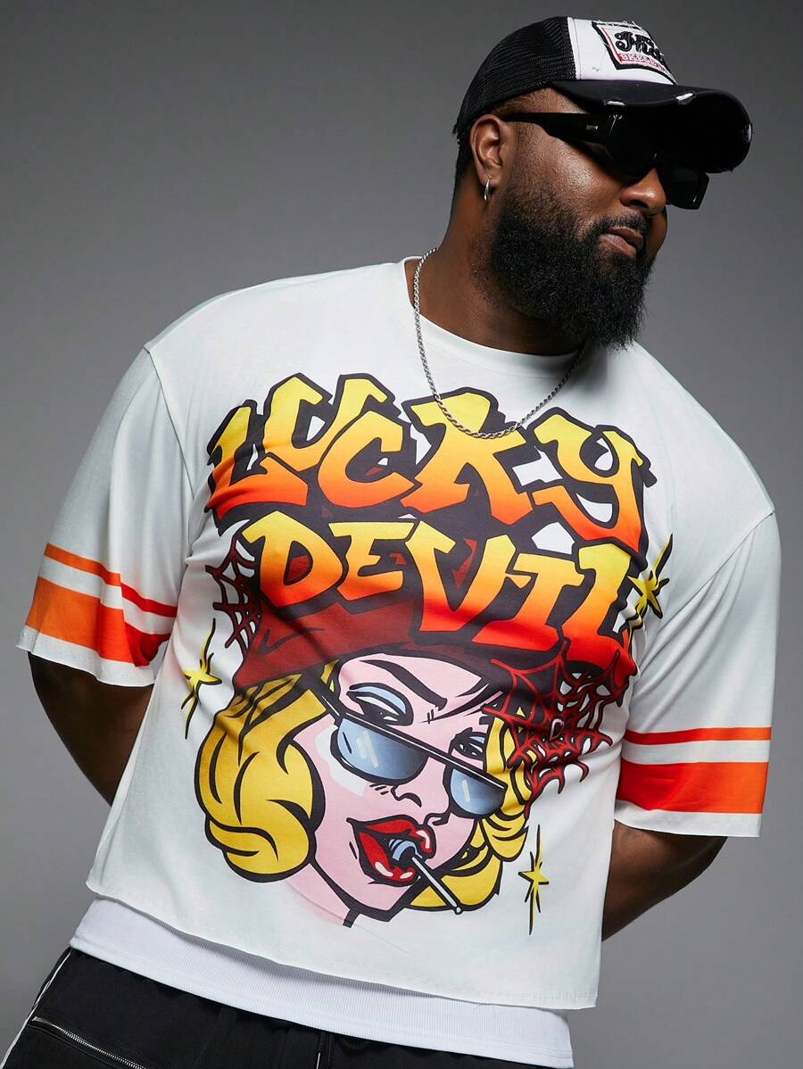 Manfinity VCAY 大码男士宽松夸张字母印花白色针织短袖圆领 T 恤，大码 - 彩色 - 查看 1