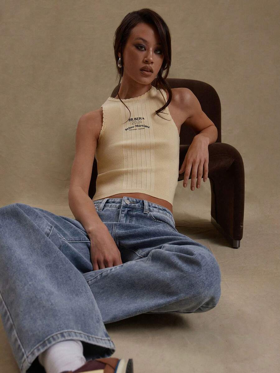 MUSERA Knit Rib Round Neck Fitted Text Embroidered Cropped Cute Casual Y2k 90's Butter Yellow Top Spring Summer Vacation Brunch - Yellow - View 1