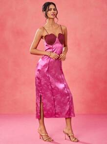 By Lucila Fernandez 设计师女士优雅花卉提花缎面撞色心形拼接开衩中长连衣裙，生日派对鸡尾酒会礼服，度假优雅晚礼服，正式舞会礼服，婚礼、狂欢、节日、早午餐服装，茶会礼服，音乐会服装