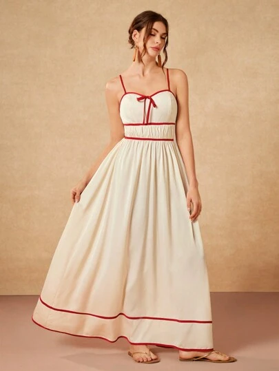 Ishaarah Vestido camisero de satén crema con escote corazón, diseñado con ribete rojo contrastante. Vestido elegante y formal para eventos, trabajo, boda, fiesta, concierto. Vestido de verano para mujer.