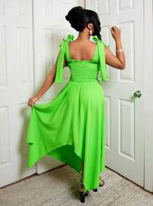 VaVaBold Spring And Summer New Holiday Elegant And Comfortable Elegant Tie Bow Waist Lan Long Dress Evening Dopamine Pleated Chest