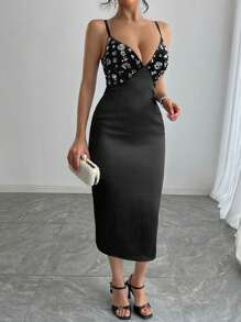 DAZY Women Black And Silver Rhinestone Sequin V-Neck Midi Dress,70s Summer Sparkly Slim Fit Suspender Prom Homecoming Party Night Out Carnival Outfit - Black - View 4