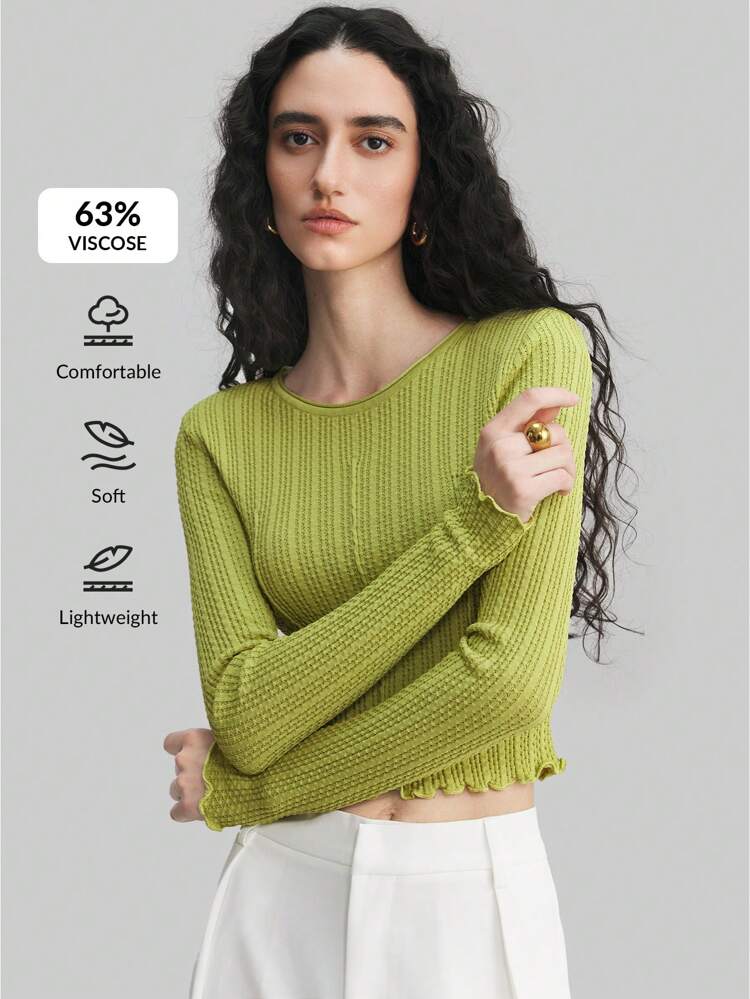 Women Green Textured Hollow-Out Cropped Long Sleeve Blouse Summer Women Spring Tops Long Sleeve Women Tops