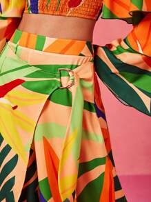 BELANGE HANDMADE Designer Boho Bohemian Multicolor Tropical Floral Print Buttoned Wide-Leg Casual Pants For Spring And Summer Vacation, Festival, Ibiza Fits Resort Pants