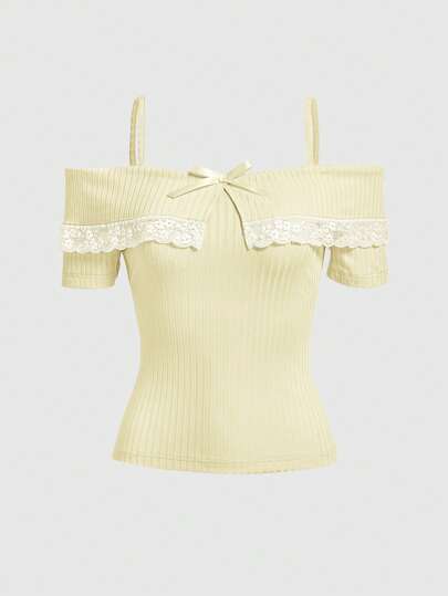 Kawaii Women Contrast Lace Open Shoulder Short Sleeve Elegant T-Shirt