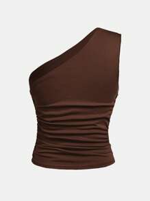 SHEIN Girlism Teen Girl Plain Knitted Ruched Casual Asymmetrical Shoulder Cami Top - Brown - View 2