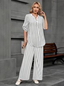 EMERY ROSE Women's Striped Two-Piece Set: Casual V-Neck Shirt And Wide Leg Pants Set