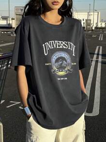 DAZY 女士休闲字母印花宽松短袖 T 恤图案 T 恤超大 T 恤学院风上衣